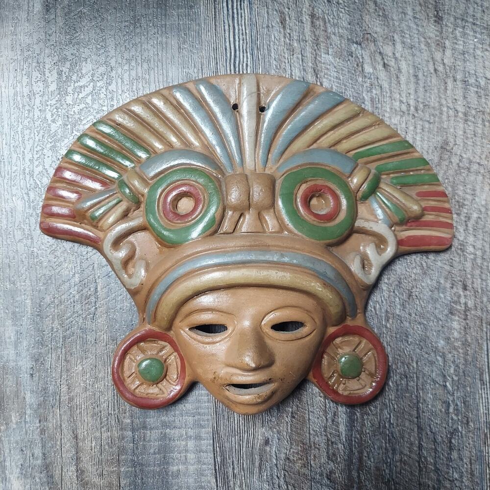 Vintage Mexican Terracotta Fan Headdress Folk Art Mask